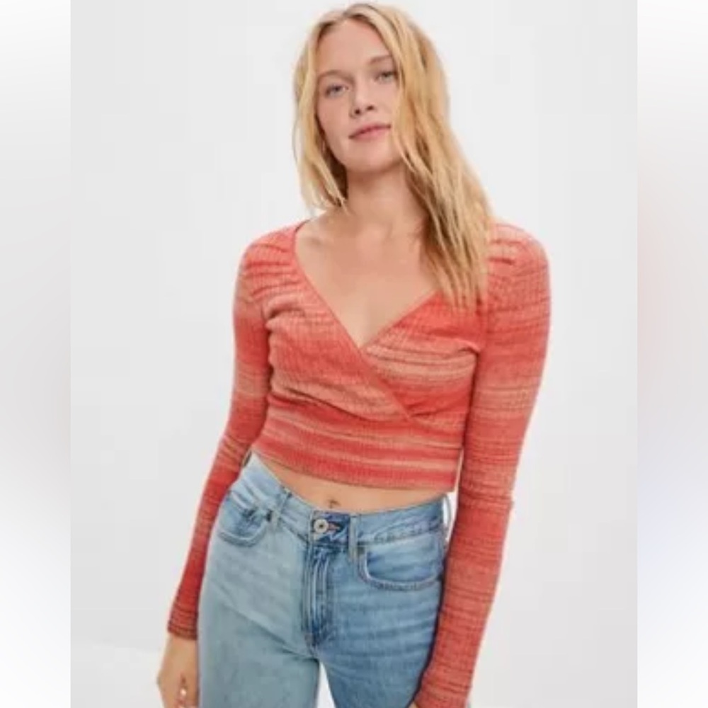 American Eagle | Pink wrap front striped knit v-neck fitted sweater size…